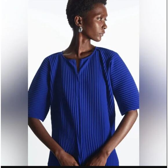COS Womens Pleated Half Zip Top Size Medium Cobalt Blue Career Workwear - Picture 1 of 5